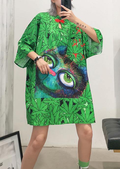Italian lapel half sleeve Cotton clothes Runway green print Dress summer - SooLinen