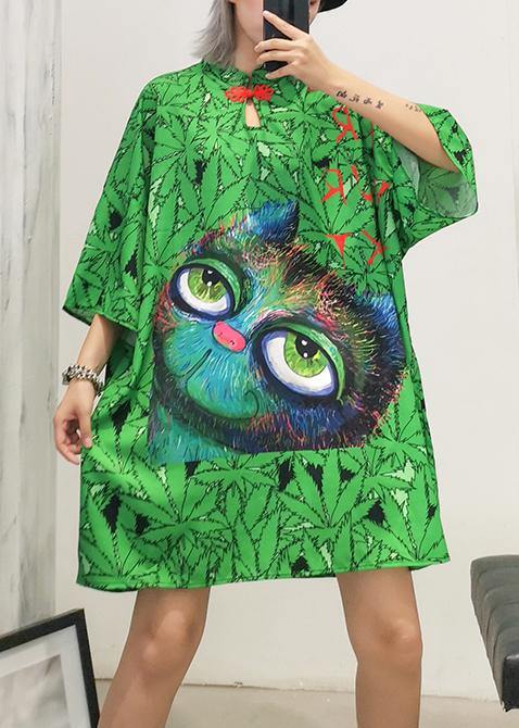 Italian lapel half sleeve Cotton clothes Runway green print Dress summer - SooLinen
