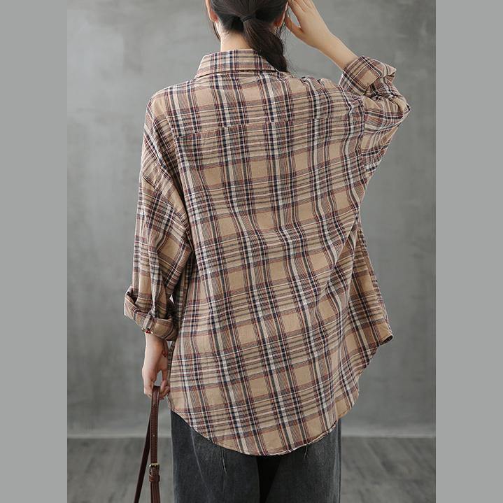 Italian lapel pockets crane tops Sewing khaki plaid blouses - SooLinen