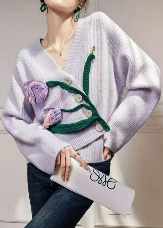 Italian light Purple V Neck Stereoscopic Tulip Knit Cardigan Long Sleeve