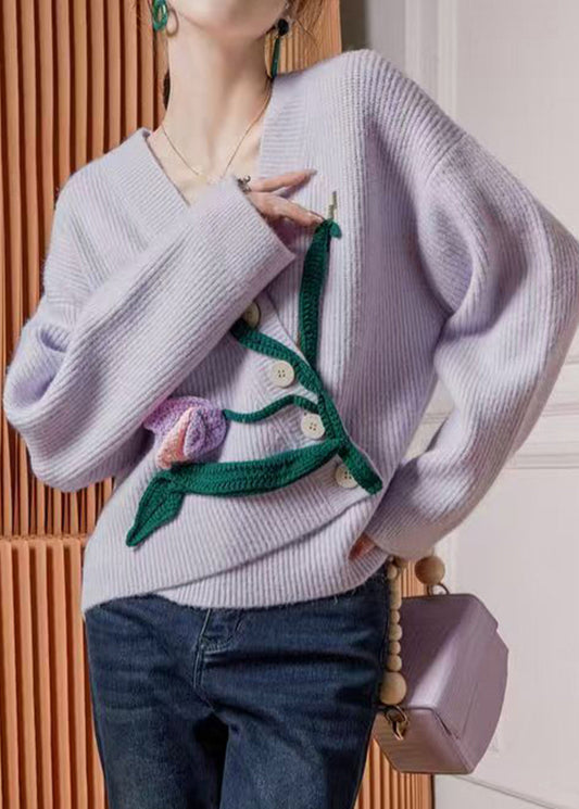 Italian light Purple V Neck Stereoscopic Tulip Knit Cardigan Long Sleeve