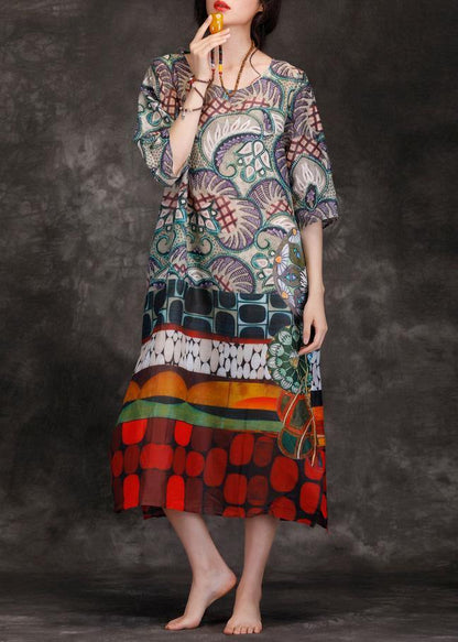 Italian multicolor linen clothes o neck pockets Kaftan summer Dress - SooLinen