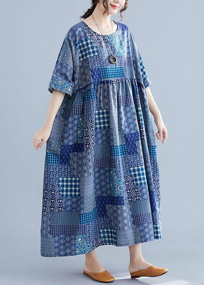 Italian navy plaid linen cotton clothes For Women o neck Cinched cotton Dress - SooLinen