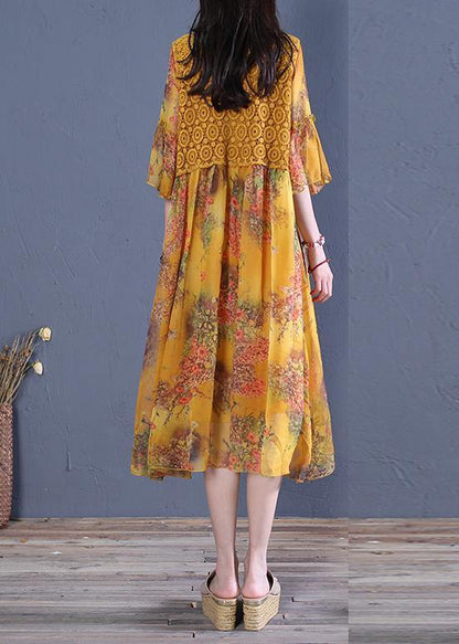 Italian o neck Butterfly Sleeve Cotton Fabrics yellow print Dress - SooLinen
