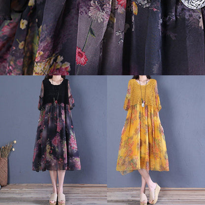 Italian o neck Butterfly Sleeve Cotton Fabrics yellow print Dress - SooLinen