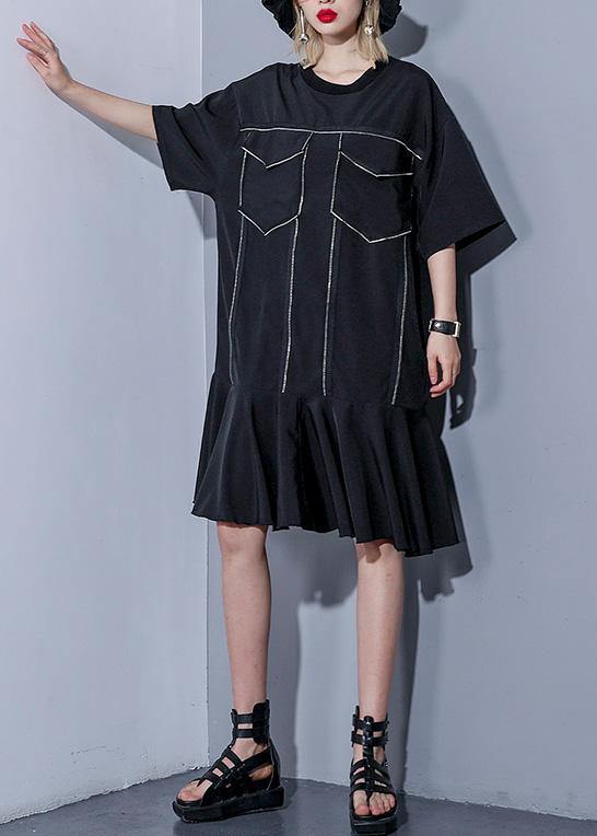 Italian o neck Ruffles silk Cotton dresses Vintage Wardrobes black baggy Dress Summer - SooLinen