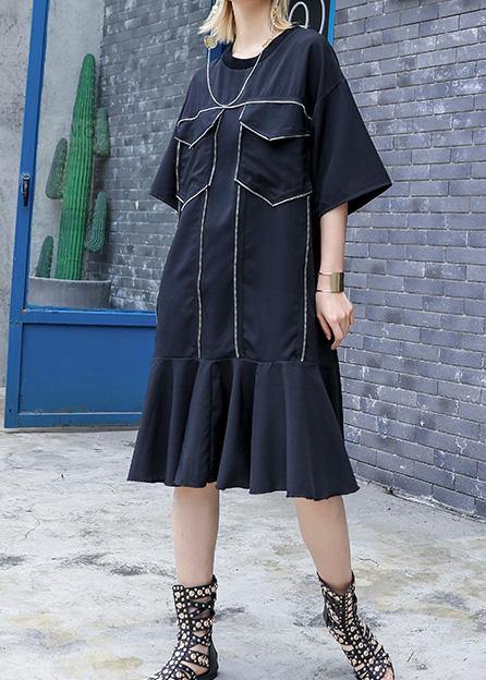 Italian o neck Ruffles silk Cotton dresses Vintage Wardrobes black baggy Dress Summer - SooLinen
