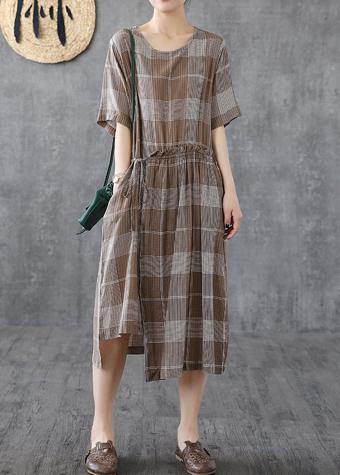 Italian o neck asymmetric cotton dresses Catwalk khaki plaid Dresses - SooLinen