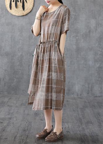 Italian o neck asymmetric cotton dresses Catwalk khaki plaid Dresses - SooLinen