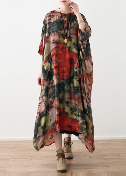 Italian o neck asymmetric linen summer dresses Wardrobes red print Dress - SooLinen