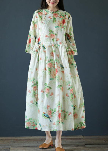 Italian o neck drawstring linen clothes For Women Inspiration green print Dresses - SooLinen