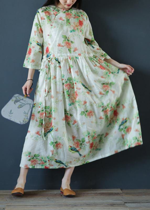 Italian o neck drawstring linen clothes For Women Inspiration green print Dresses - SooLinen