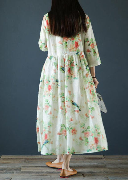 Italian o neck drawstring linen clothes For Women Inspiration green print Dresses - SooLinen