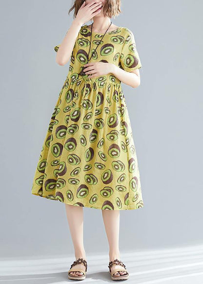 Italian o neck drawstring linen cotton dress Fashion Outfits yellow print daily Dress Summer - SooLinen