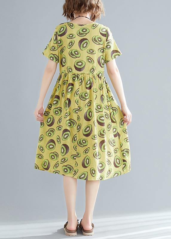 Italian o neck drawstring linen cotton dress Fashion Outfits yellow print daily Dress Summer - SooLinen