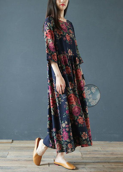 Italian o neck half sleeve cotton clothes Neckline blue print loose Dresses - SooLinen