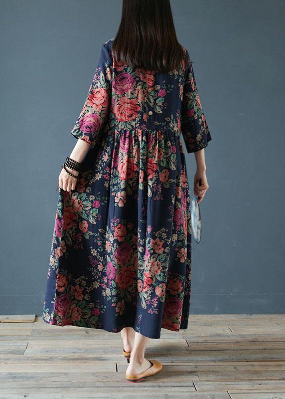 Italian o neck half sleeve cotton clothes Neckline blue print loose Dresses - SooLinen