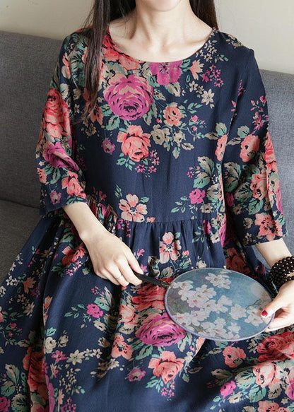 Italian o neck half sleeve cotton clothes Neckline blue print loose Dresses - SooLinen