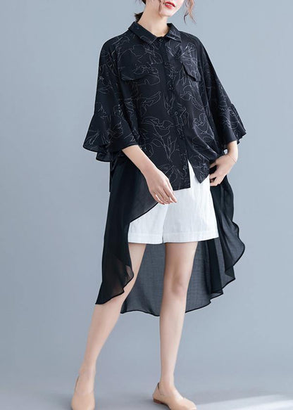 Italian o neck patchwork asymmetric chiffon clothes For Women black print Dress Summer - SooLinen