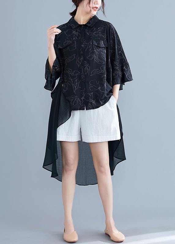 Italian o neck patchwork asymmetric chiffon clothes For Women black print Dress Summer - SooLinen
