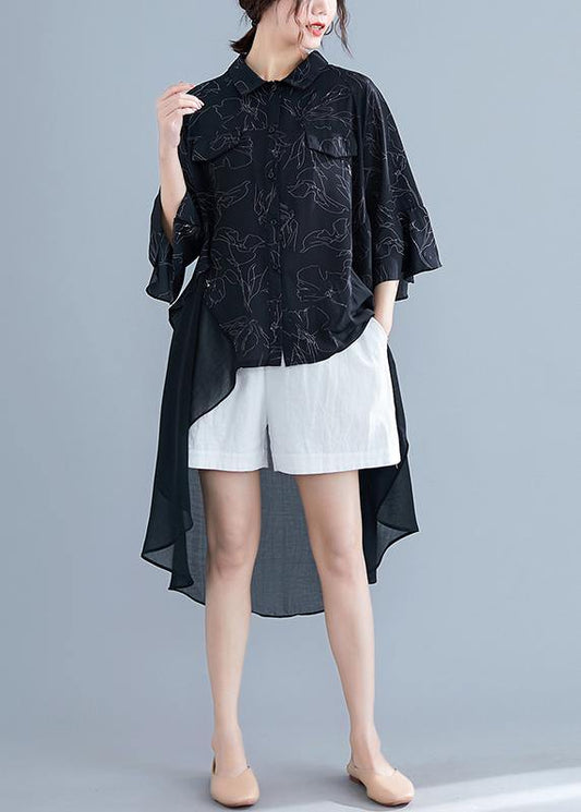 Italian o neck patchwork asymmetric chiffon clothes For Women black print Dress Summer - SooLinen