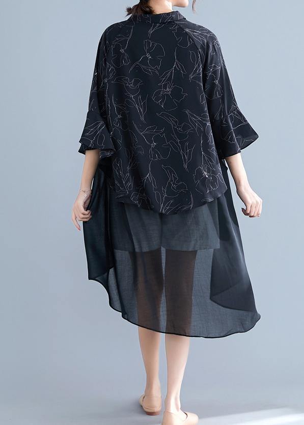 Italian o neck patchwork asymmetric chiffon clothes For Women black print Dress Summer - SooLinen