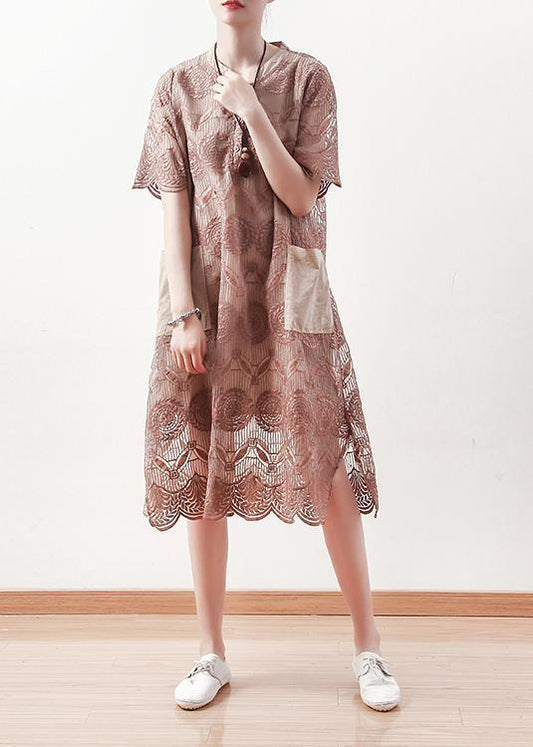 Italian o neck patchwork lace linen tunic pattern Omychic Photography khaki A Line Dress Summer