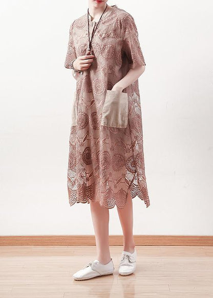 Italian o neck patchwork lace linen tunic pattern Omychic Photography khaki A Line Dress Summer