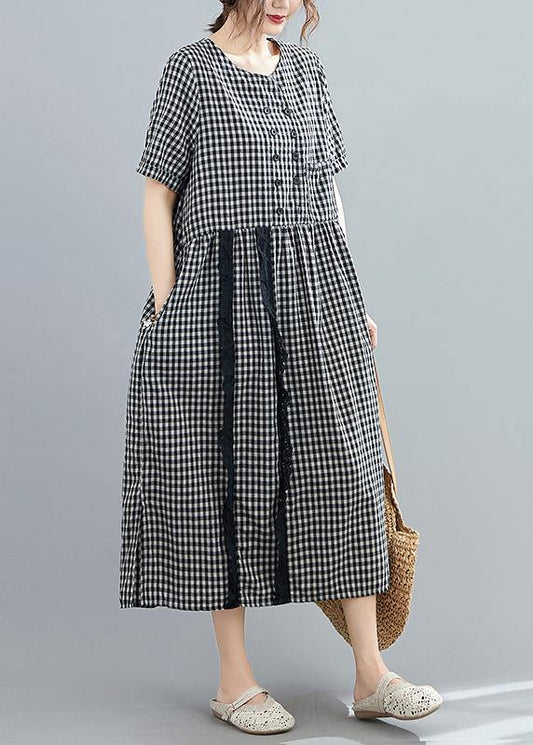 Italian o neck side open linen Long Wardrobes black plaid Dresses - SooLinen