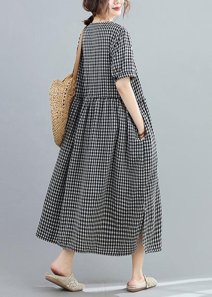 Italian o neck side open linen Long Wardrobes black plaid Dresses - SooLinen