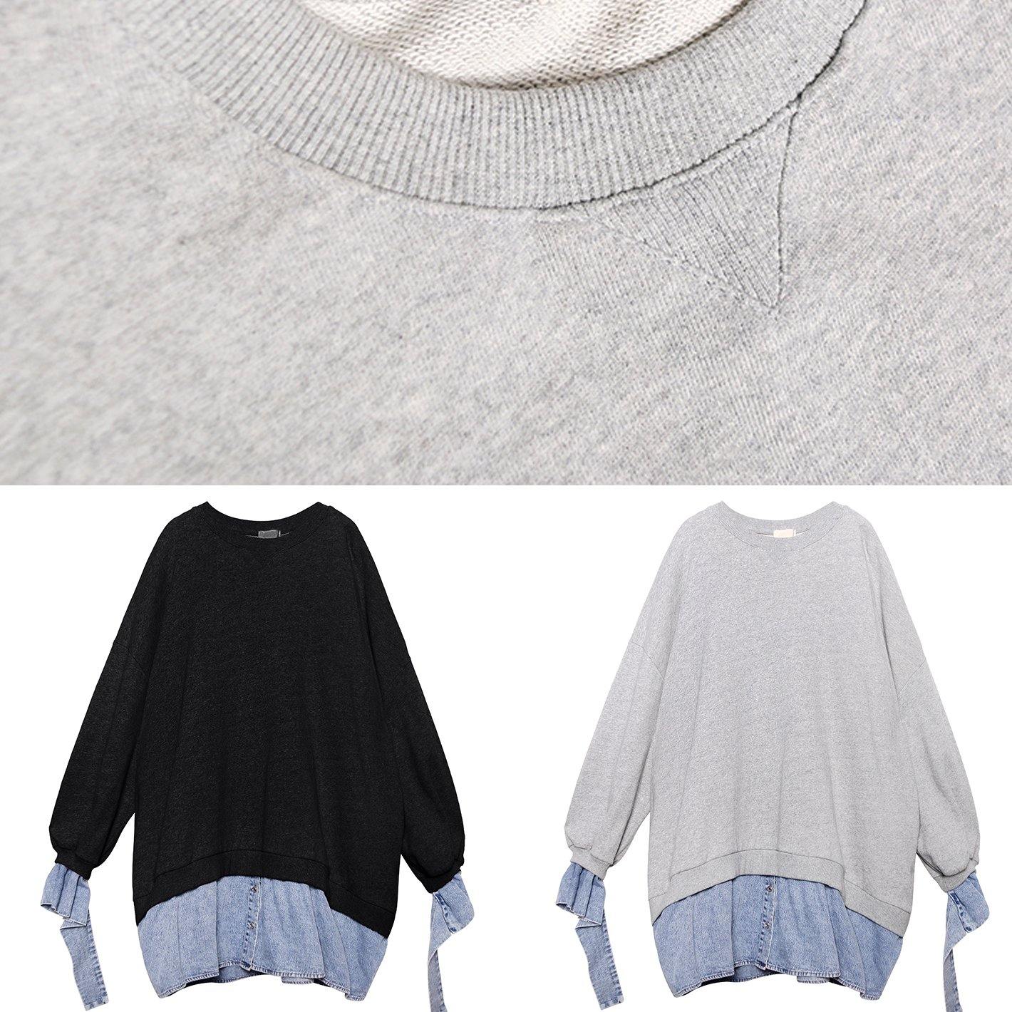 Italian patchwork false two pieces Cotton tunic dress Neckline black Dresses - SooLinen