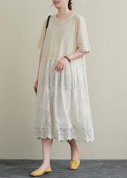 Italian patchwork hollow out cotton clothes Women Outfits beige embroidery Plus Size Dresses - SooLinen