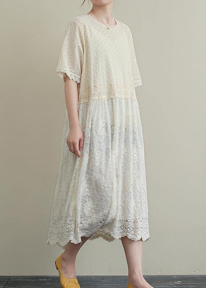 Italian patchwork hollow out cotton clothes Women Outfits beige embroidery Plus Size Dresses - SooLinen