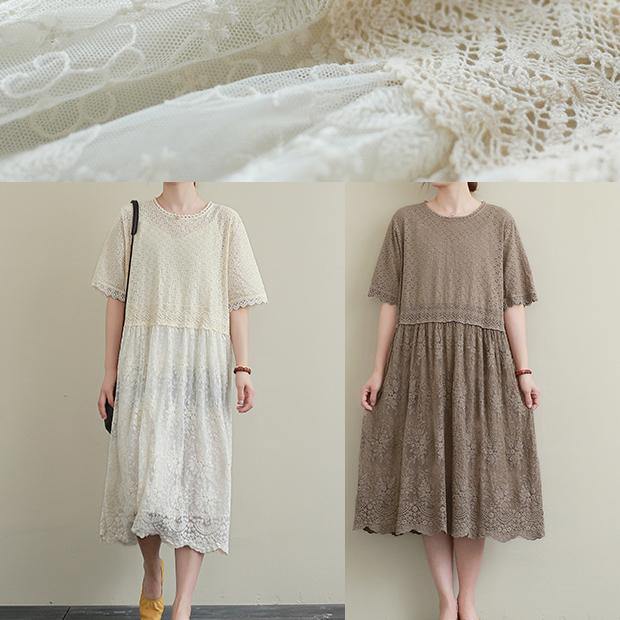 Italian patchwork hollow out cotton clothes Women Outfits beige embroidery Plus Size Dresses - SooLinen