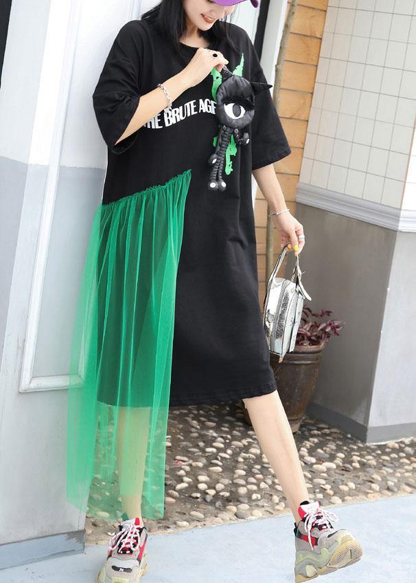 Italian patchwork tulle cotton Tunics Wardrobes black prints long Dress summer - SooLinen