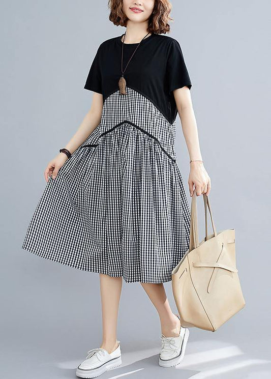 Italian plaid cotton linen clothes o neck patchwork loose summer Dress - SooLinen