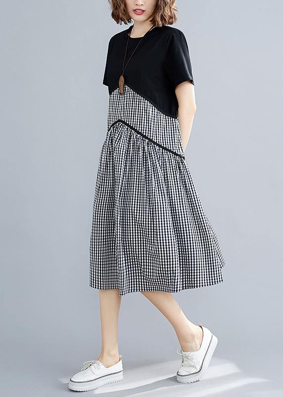 Italian plaid cotton linen clothes o neck patchwork loose summer Dress - SooLinen