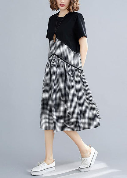 Italian plaid cotton linen clothes o neck patchwork loose summer Dress - SooLinen