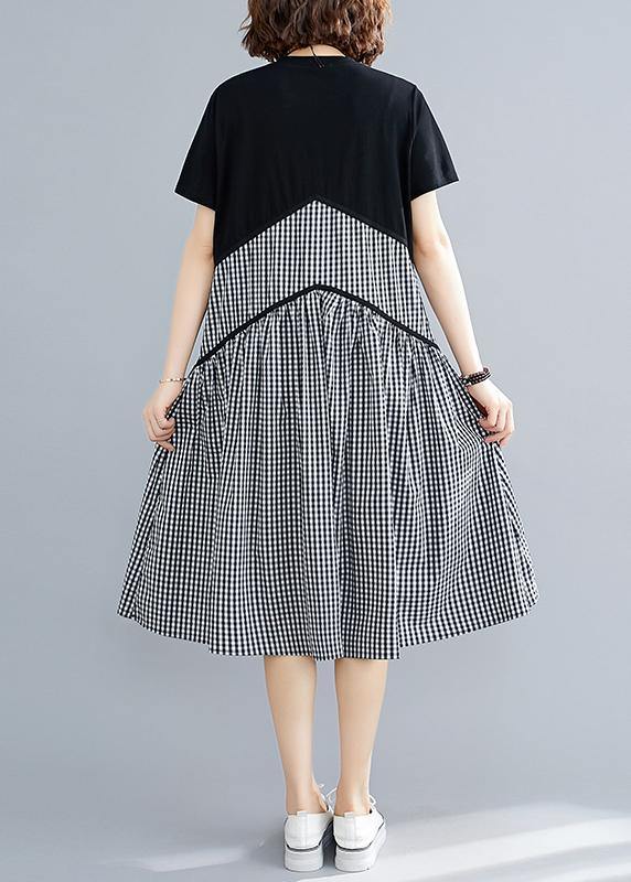 Italian plaid cotton linen clothes o neck patchwork loose summer Dress - SooLinen