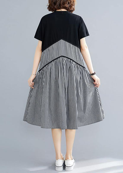 Italian plaid cotton linen clothes o neck patchwork loose summer Dress - SooLinen