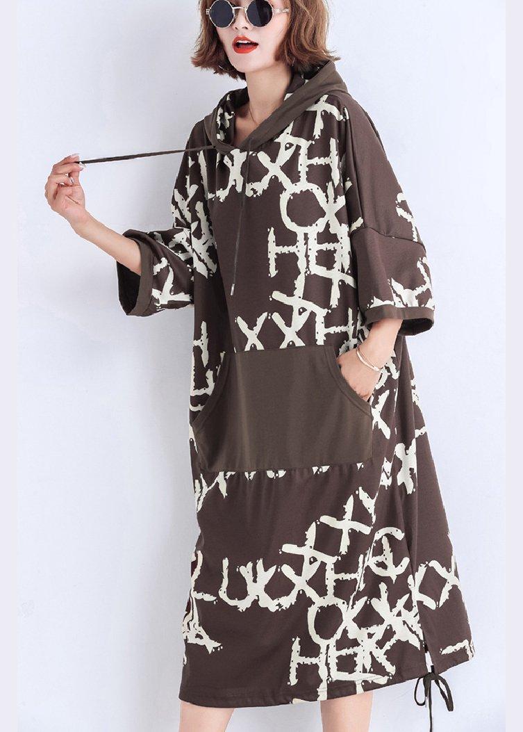 Italian pockets Cotton dresses Mom Catwalk chocolate print short Dress Summer