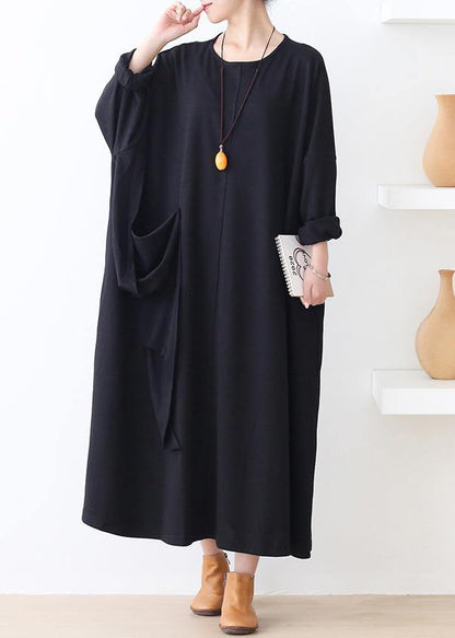 Italian pockets o neck clothes For Women Work Outfits black robes Dresses - SooLinen