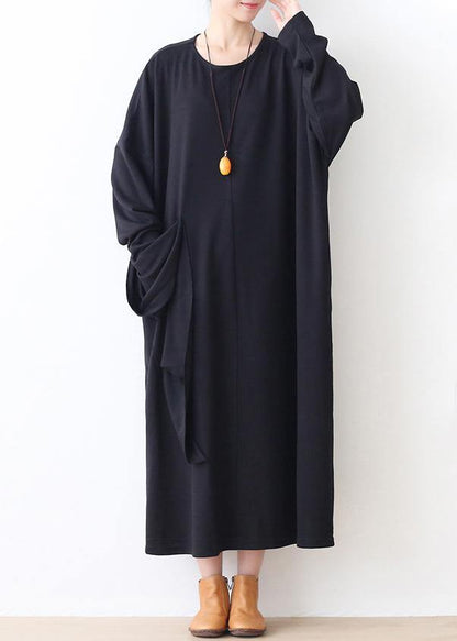 Italian pockets o neck clothes For Women Work Outfits black robes Dresses - SooLinen