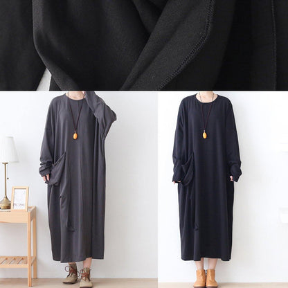 Italian pockets o neck clothes For Women Work Outfits black robes Dresses - SooLinen
