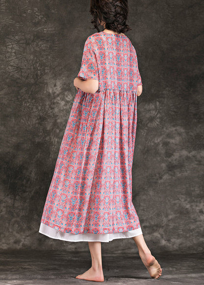 Italian red floral linen clothes fine Online Shopping o neck large hem Maxi Summer Dresses