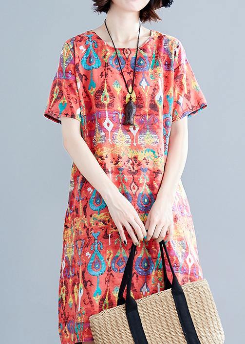 Italian red prints linen clothes For Women short sleeve daily summer Dress - SooLinen