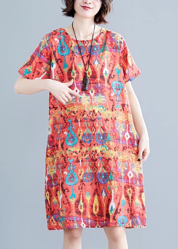 Italian red prints linen clothes For Women short sleeve daily summer Dress - SooLinen