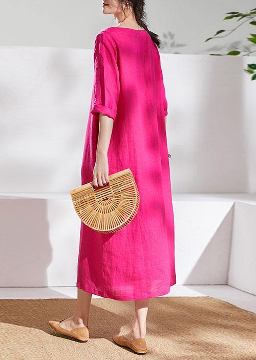 Italian rose linen dresses o neck half sleeve Maxi summer Dresses - SooLinen