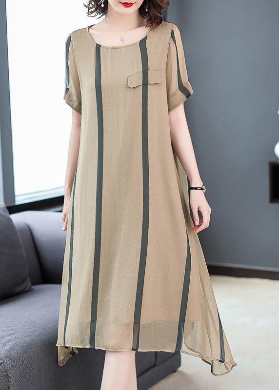 Italian short sleeve silk clothes For Women plus size Shape striped short Dress sundress - SooLinen