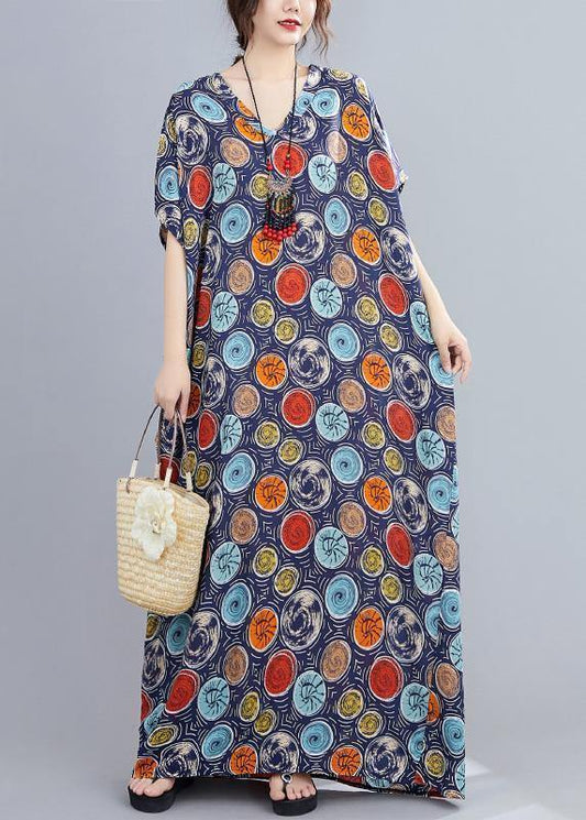 Italian v neck Batwing Sleeve blue dotted Maxi Dresses - SooLinen